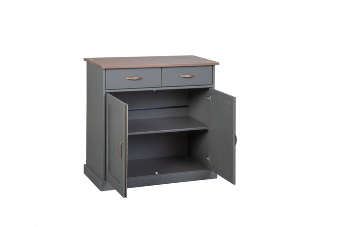 Buffet a 2 ante e 2 Dtod, in pino massello verniciato grigio con top e finiture color marrone, 90x45x86 cm
