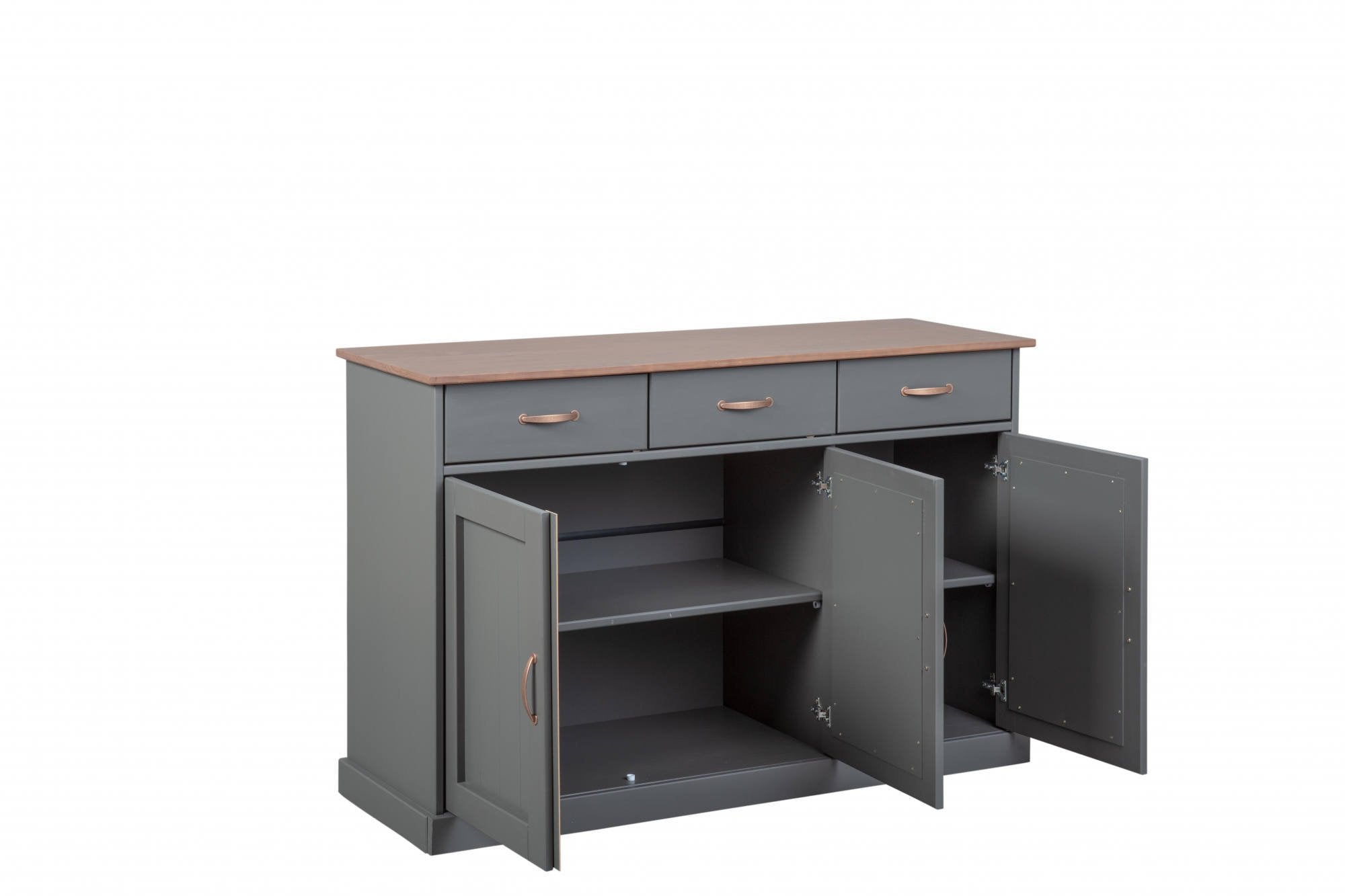 Buffet a 3 ante e 3 Dmalnat, in pino massello verniciato grigio con top e finiture color marrone, 131x45x86 cm