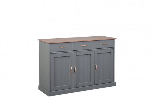 Buffet a 3 ante e 3 Dmalnat, in pino massello verniciato grigio con top e finiture color marrone, 131x45x86 cm