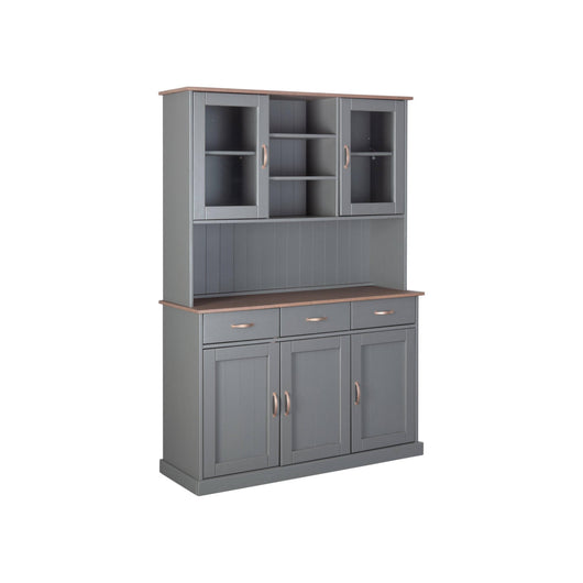 Credenza a 3 ante chiuse 2 vetrine e 3 Dolese, in pino massello verniciato grigio con top e finiture color marrone, 131x45x191 cm