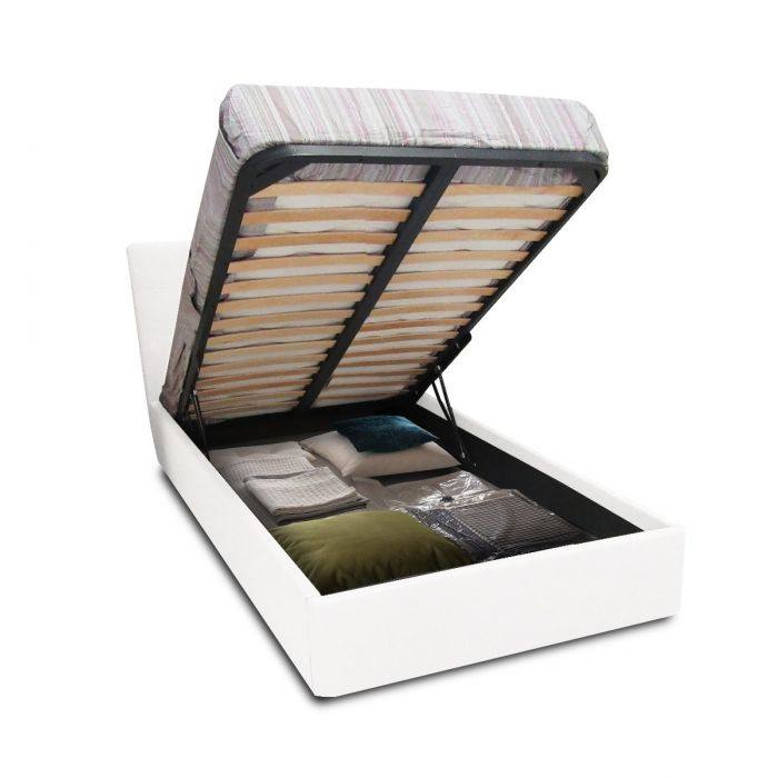 Letto piazza e mezza 0, Letto contenitore con testiera e giroletto imbottiti, Made in Italy, rete a doghe inclusa, adatto per materasso 120x190 Cm, Bianco