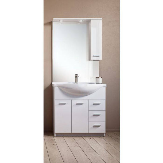 Mobile sottolavabo 0, Armadietto moderno da bagno con specchiera, Lavatoio con 2 ante battenti e 3 cassetti, Made in Italy, Cm 105x50h191, Bianco