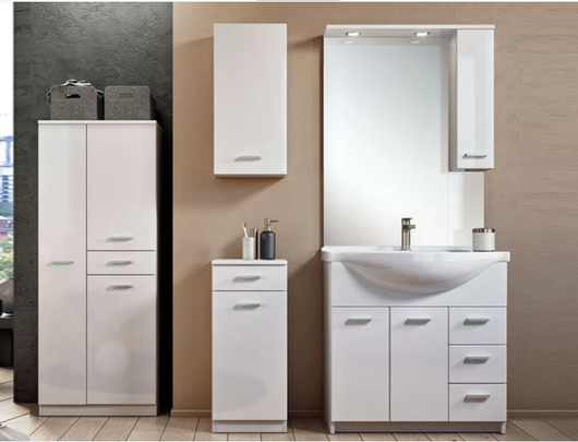 Mobile sottolavabo 0, Armadietto moderno da bagno con specchiera, Lavatoio con 2 ante battenti e 3 cassetti, Made in Italy, Cm 105x50h191, Bianco