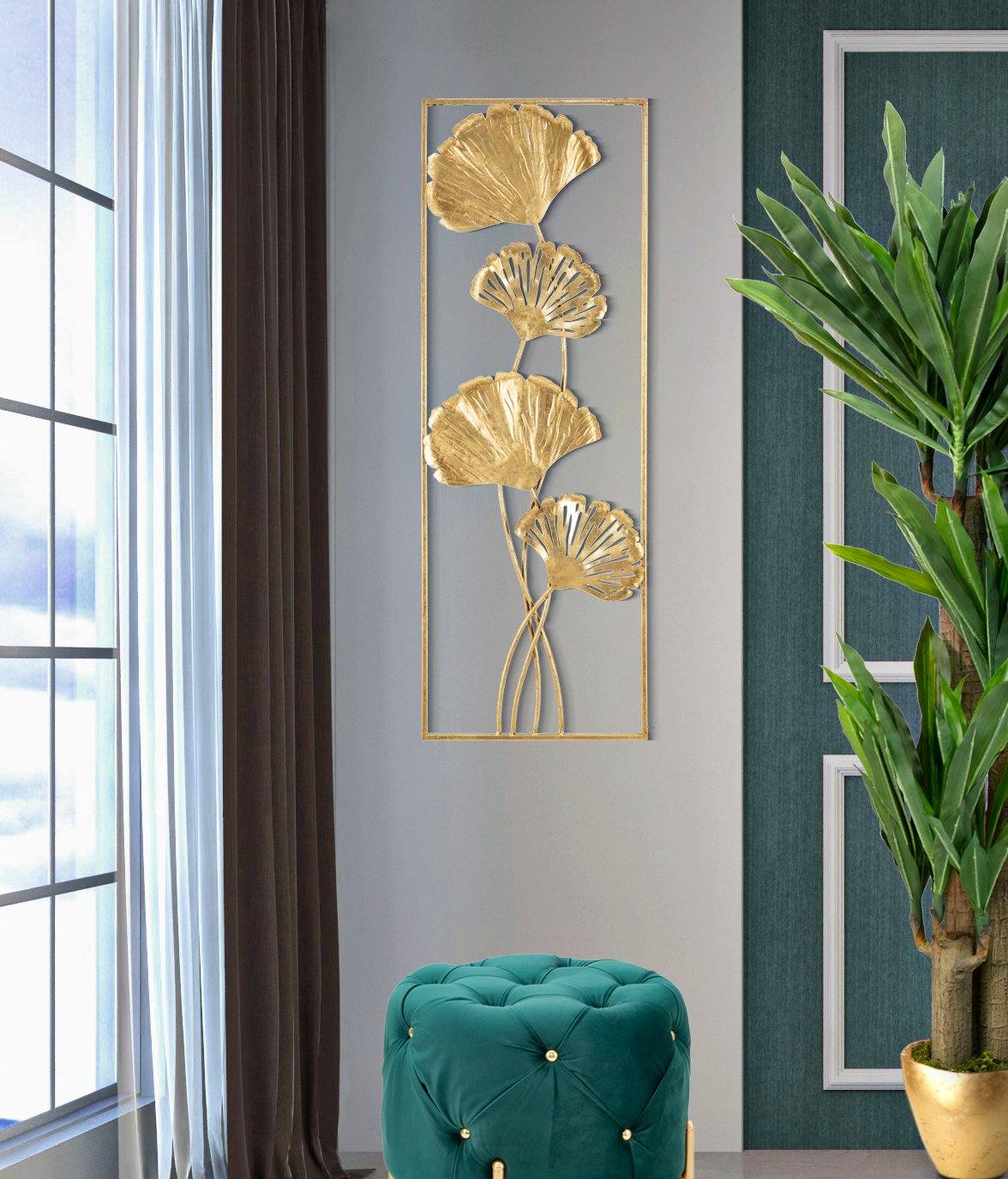 Pannello con foglie, Struttura in ferro, Colore oro, 3 x 90 x 31 cm