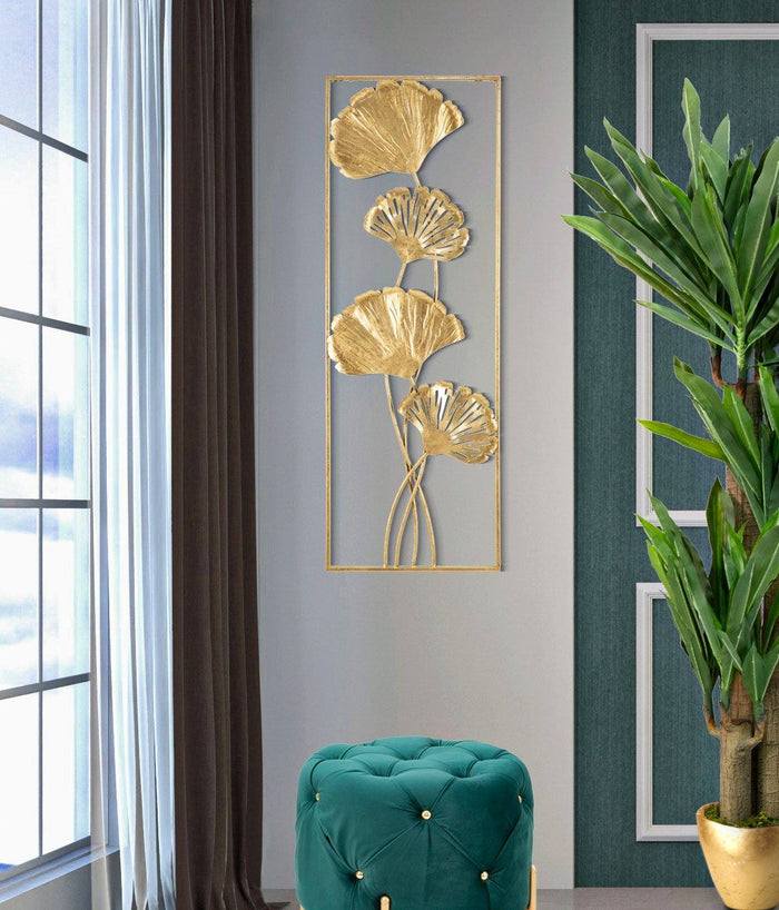 Pannello con foglie, Struttura in ferro, Colore oro, 3 x 90 x 31 cm