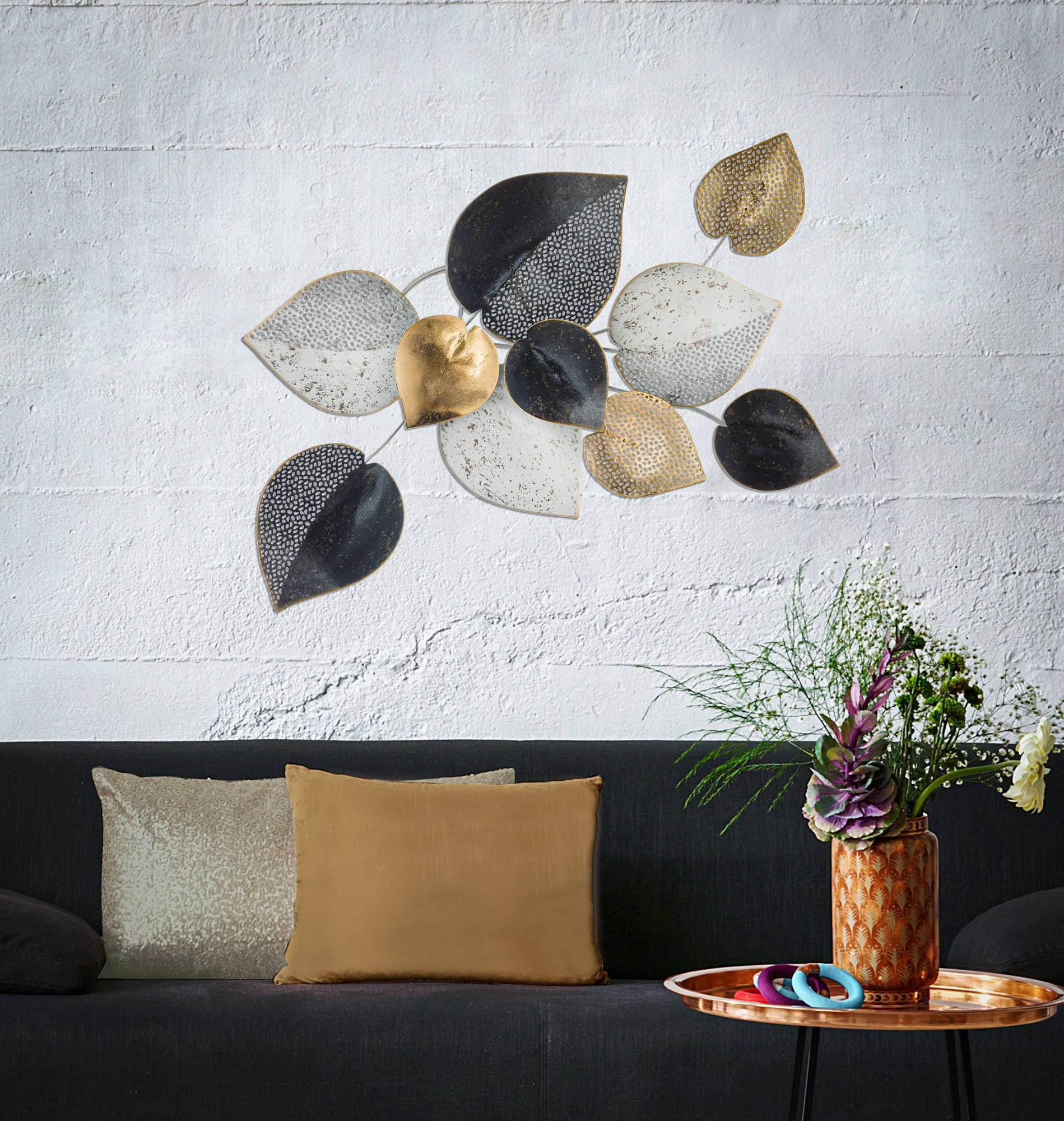 Pannello in metallo, con foglie, colore multicolore, Misure 5,5 x 40 x 62,5 cm