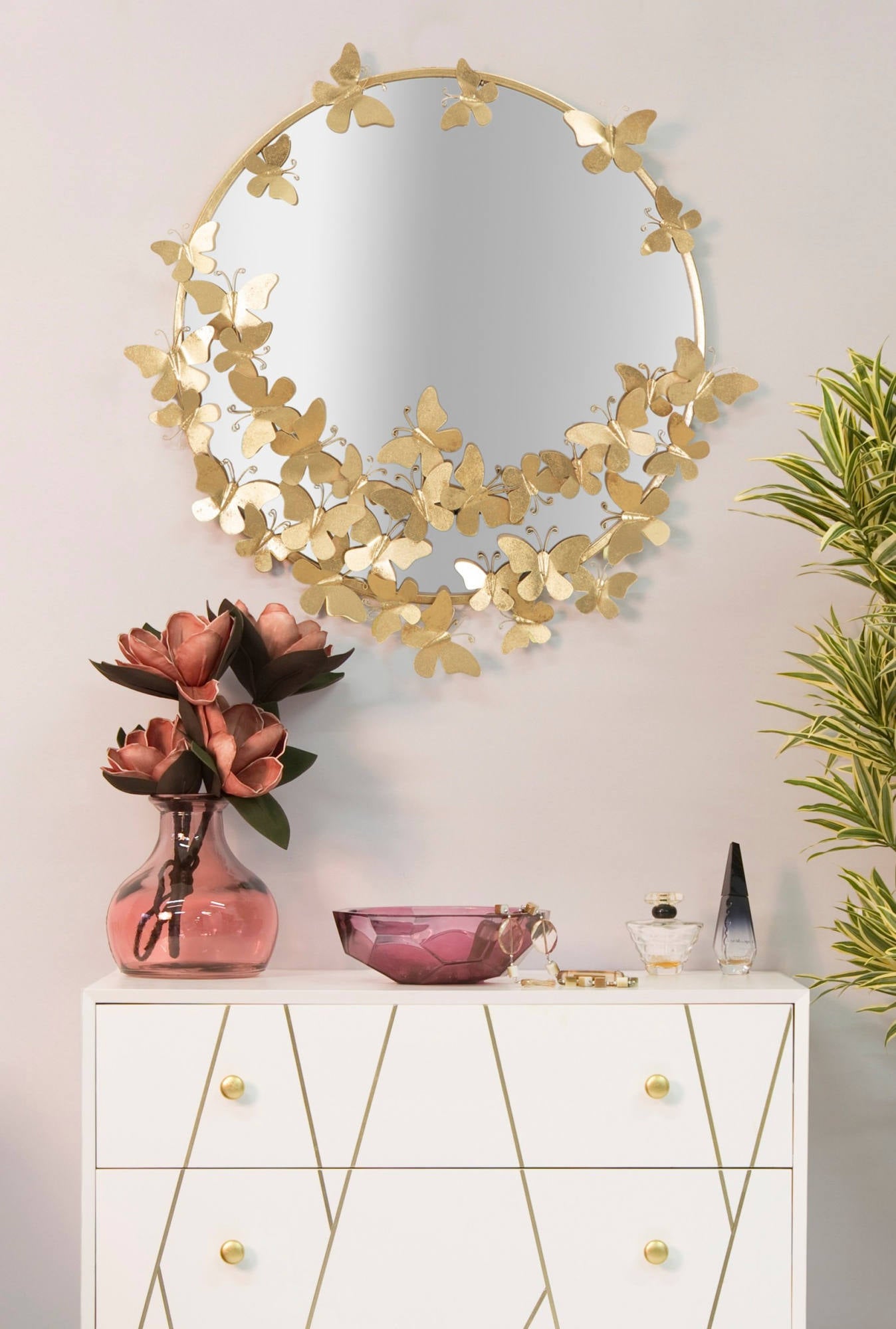 Specchio rotondo, Ferro e Mdf, Colore Oro, Misure: 74 x 4 x 75 cm