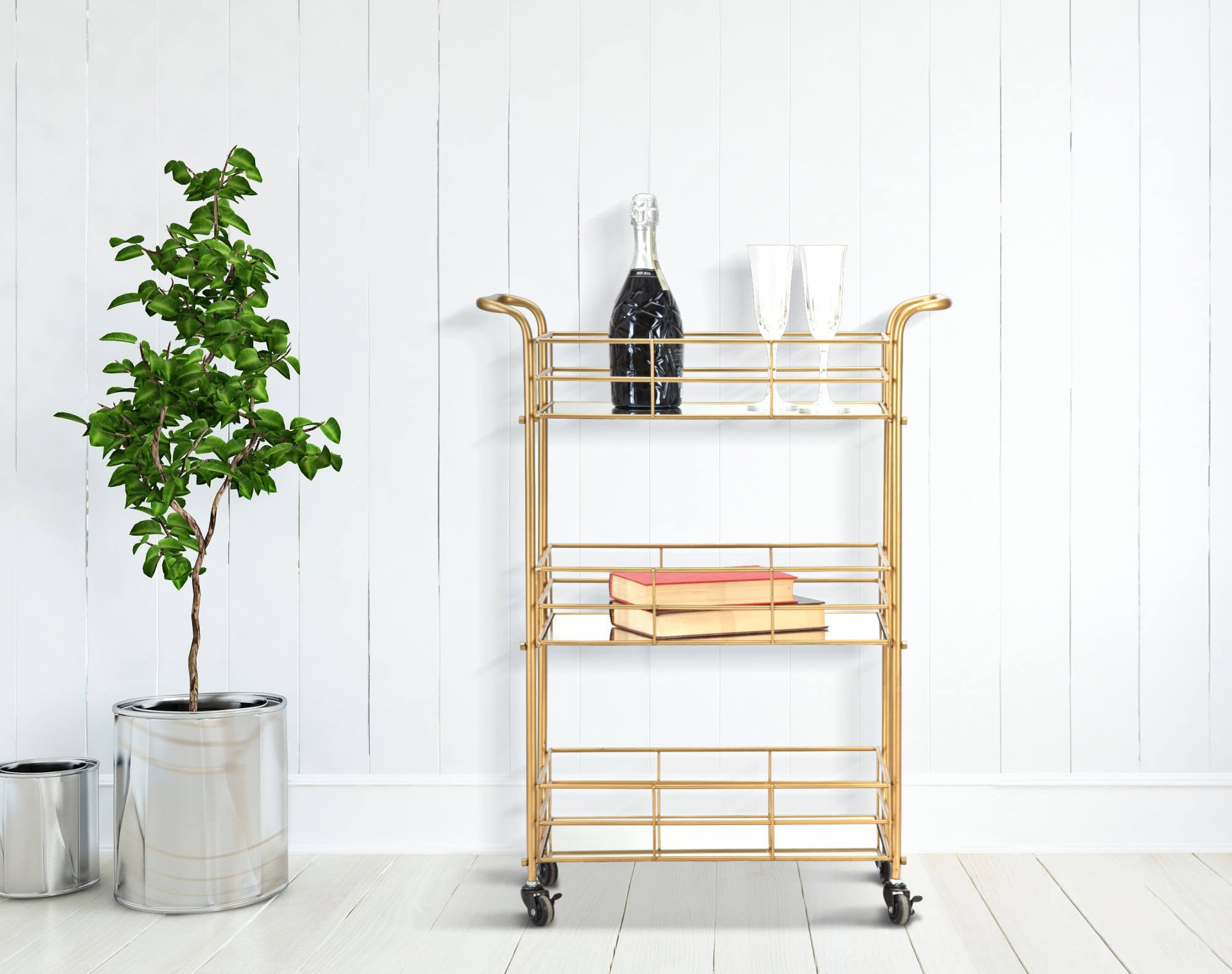 Carrello, Ferro e Vetro, Colore Oro, Misure: 60 x 31 x 80 cm