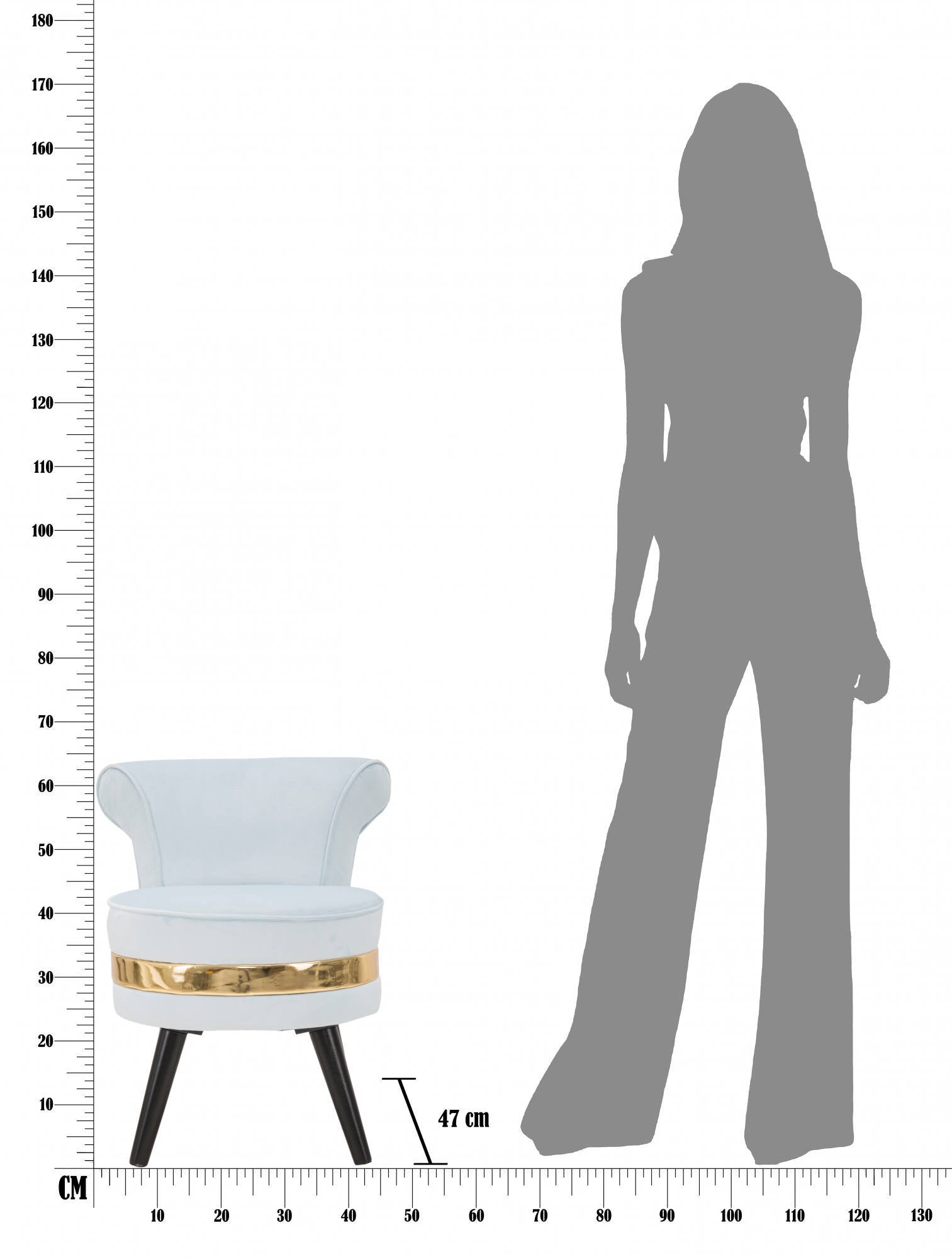 Sedia mini in legno di pino, tessuto in spugna e velluto, colore celeste con fascia in oro, Misure 47 x 64 x 47 cm