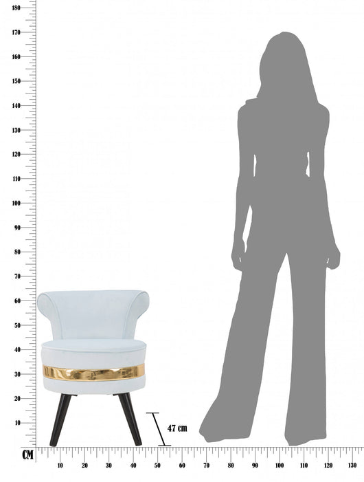 Sedia mini in legno di pino, tessuto in spugna e velluto, colore celeste con fascia in oro, Misure 47 x 64 x 47 cm