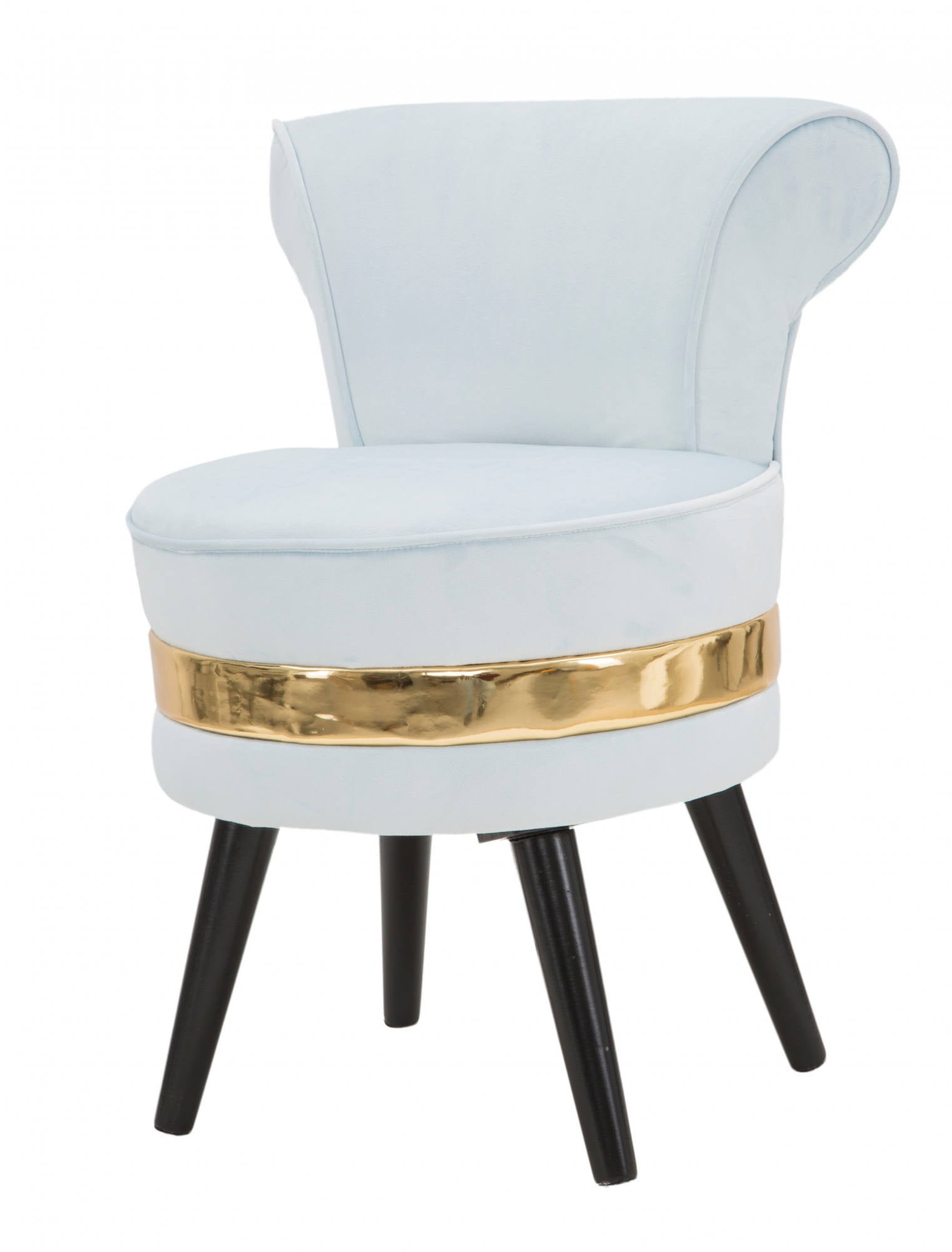 Sedia mini in legno di pino, tessuto in spugna e velluto, colore celeste con fascia in oro, Misure 47 x 64 x 47 cm