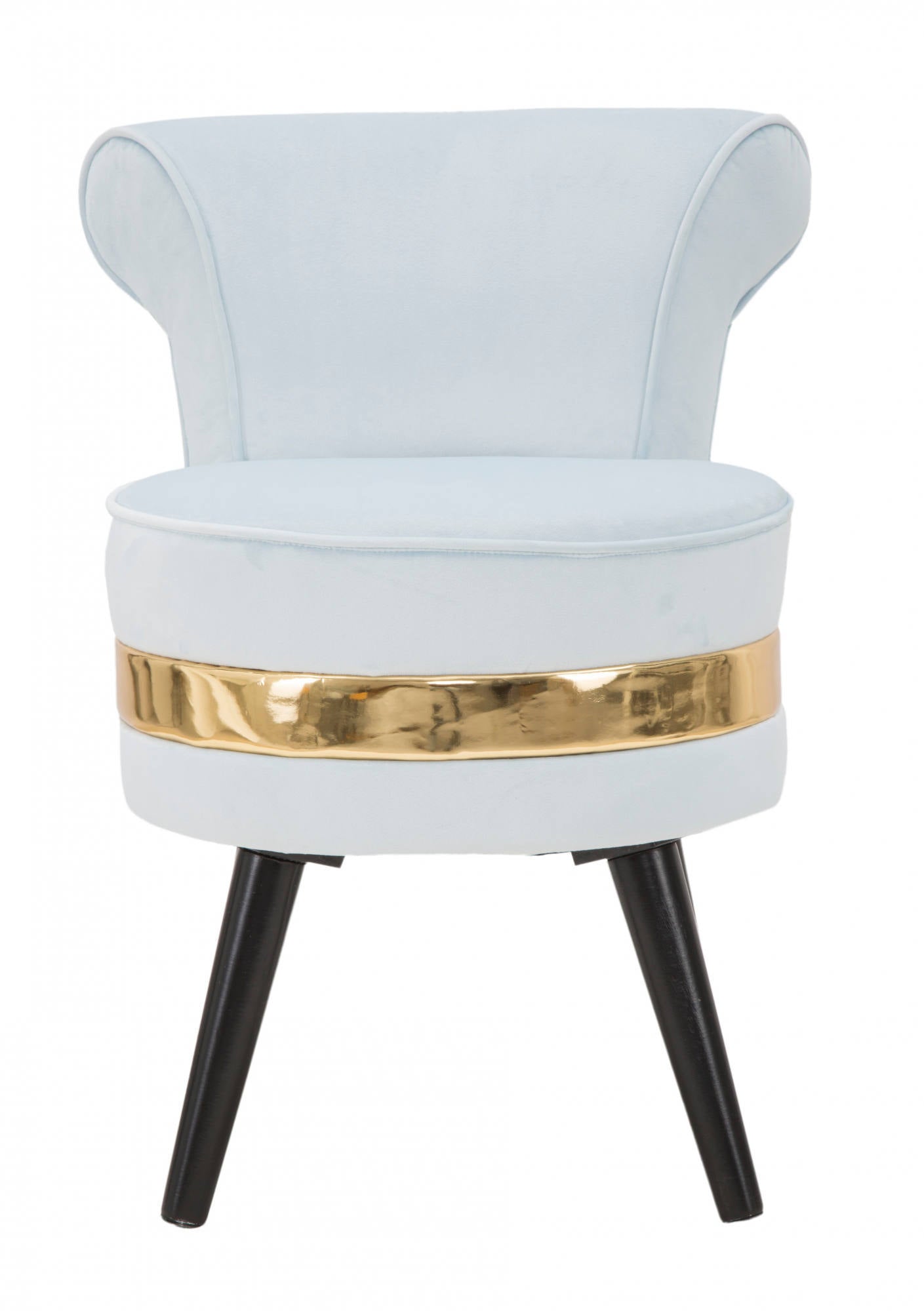 Sedia mini in legno di pino, tessuto in spugna e velluto, colore celeste con fascia in oro, Misure 47 x 64 x 47 cm