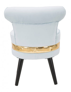 Sedia mini in legno di pino, tessuto in spugna e velluto, colore celeste con fascia in oro, Misure 47 x 64 x 47 cm