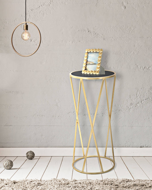 Tavolino porta telefono rotondo, struttura in metallo dorato, con piano in vetro temprato, colore nero, Misure 35 x 75 x 35 cm