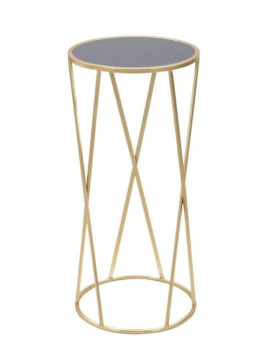 Tavolino porta telefono rotondo, struttura in metallo dorato, con piano in vetro temprato, colore nero, Misure 35 x 75 x 35 cm