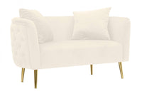 Divano 2 posti in legno playwood, rivestimento in velluto e metallo dorato, completo di 2 cuscini, colore panna, Misure 74 x 71 x 127 cm