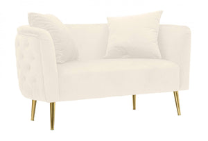 Divano 2 posti in legno playwood, rivestimento in velluto e metallo dorato, completo di 2 cuscini, colore panna, Misure 74 x 71 x 127 cm