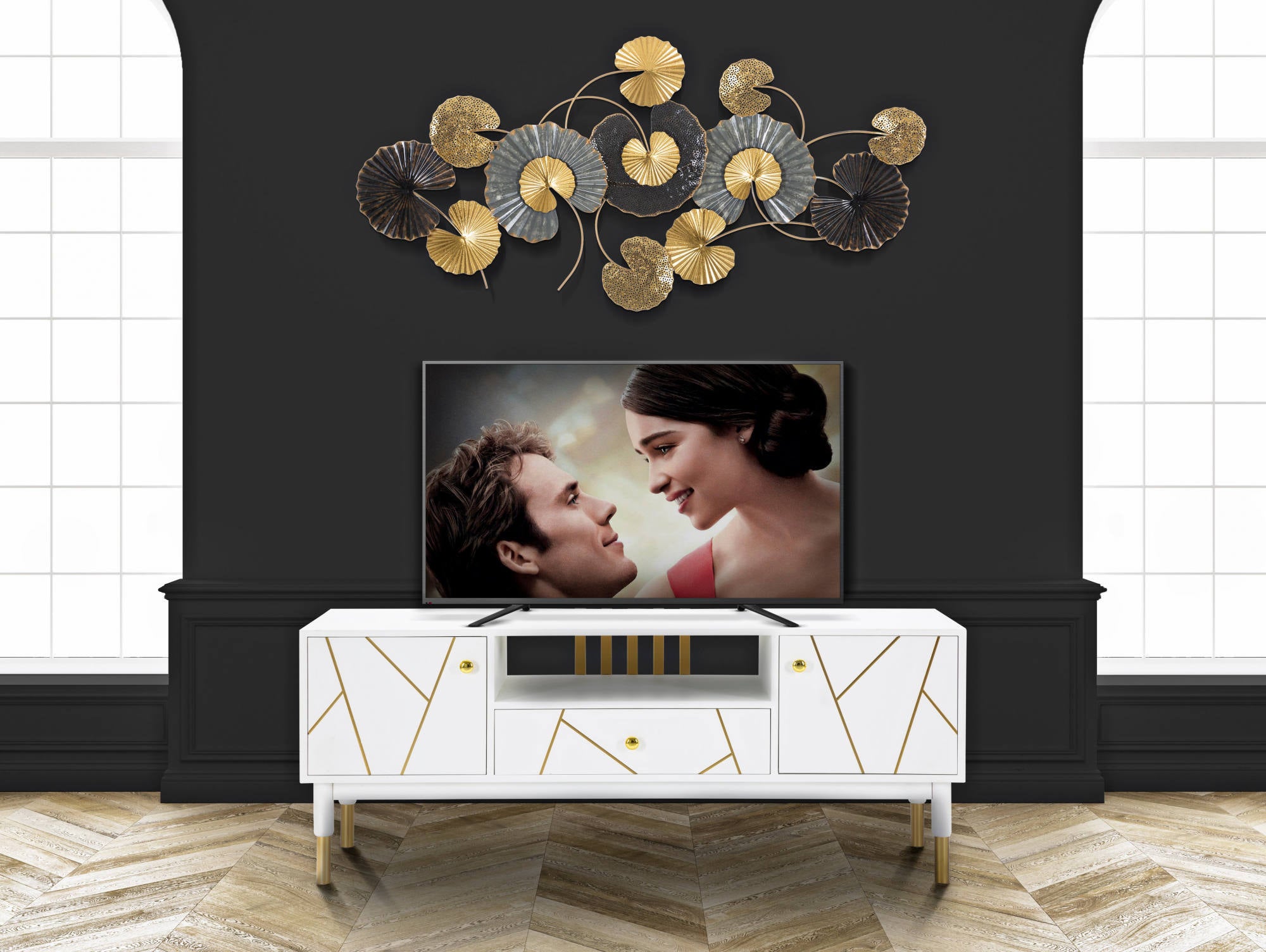 Porta TV, Legno Di Pino e Mdf E Ferro, Colore Bianco, Misure: 140 x 50 x 55 cm