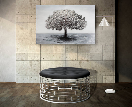 Pouf rotondo, struttura in metallo, rivestimento in velluto, colore argento, Misure 91,5 x 47 x 91,5 cm