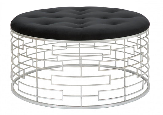 Pouf rotondo, struttura in metallo, rivestimento in velluto, colore argento, Misure 91,5 x 47 x 91,5 cm