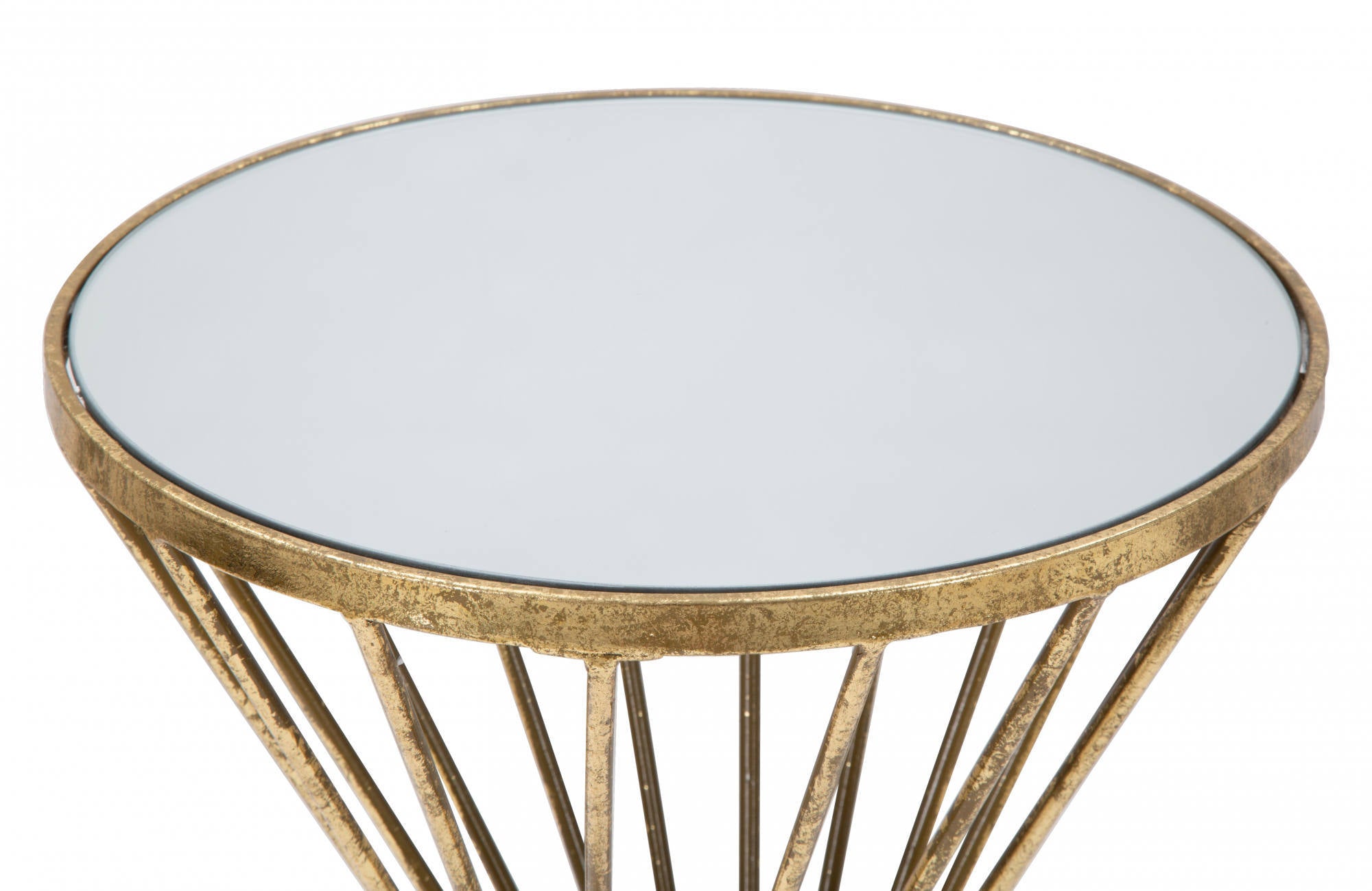 Tavolino rotondo, struttura in metallo, piano in vetro, colore oro, Misure 35 x 70 x 35 cm