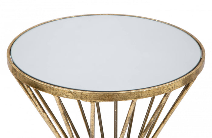 Tavolino rotondo, struttura in metallo, piano in vetro, colore oro, Misure 35 x 70 x 35 cm