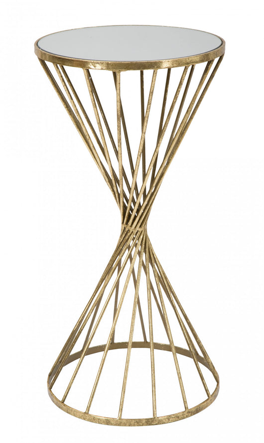 Tavolino rotondo, struttura in metallo, piano in vetro, colore oro, Misure 35 x 70 x 35 cm