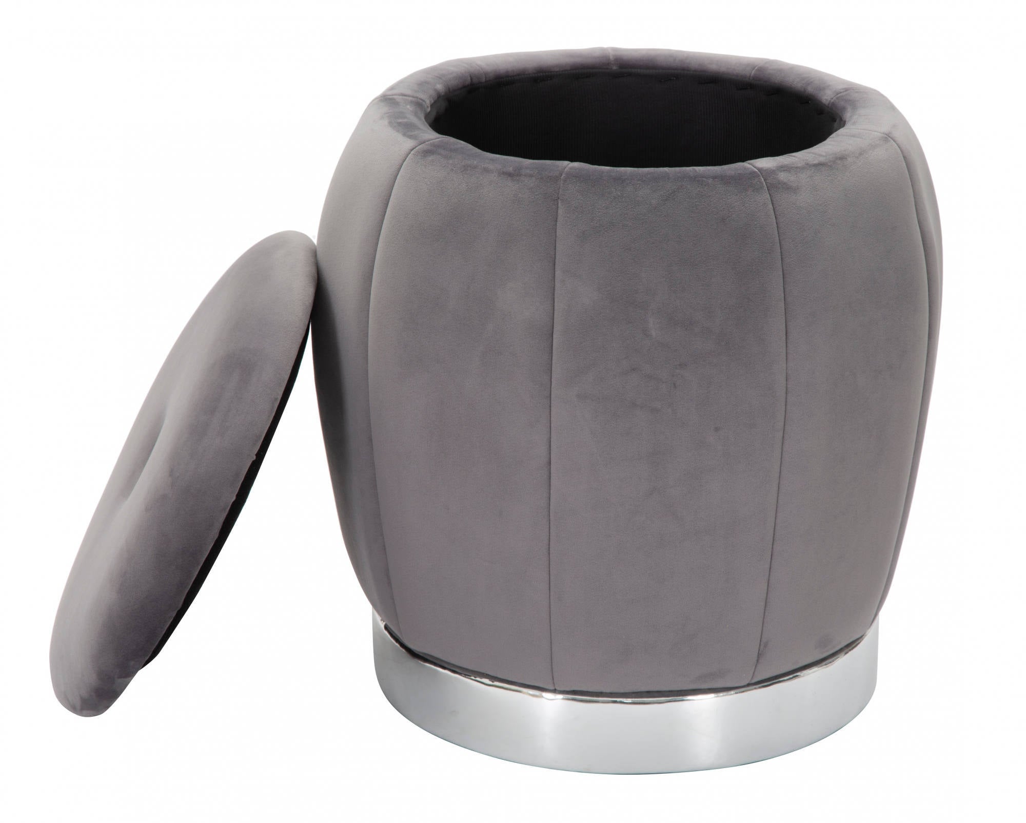 Pouf contenitore in legno di pino, rivestimento in spugna e velluto, colore grigio, Misure 43 x 43 x 43 cm