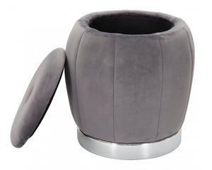 Pouf contenitore in legno di pino, rivestimento in spugna e velluto, colore grigio, Misure 43 x 43 x 43 cm