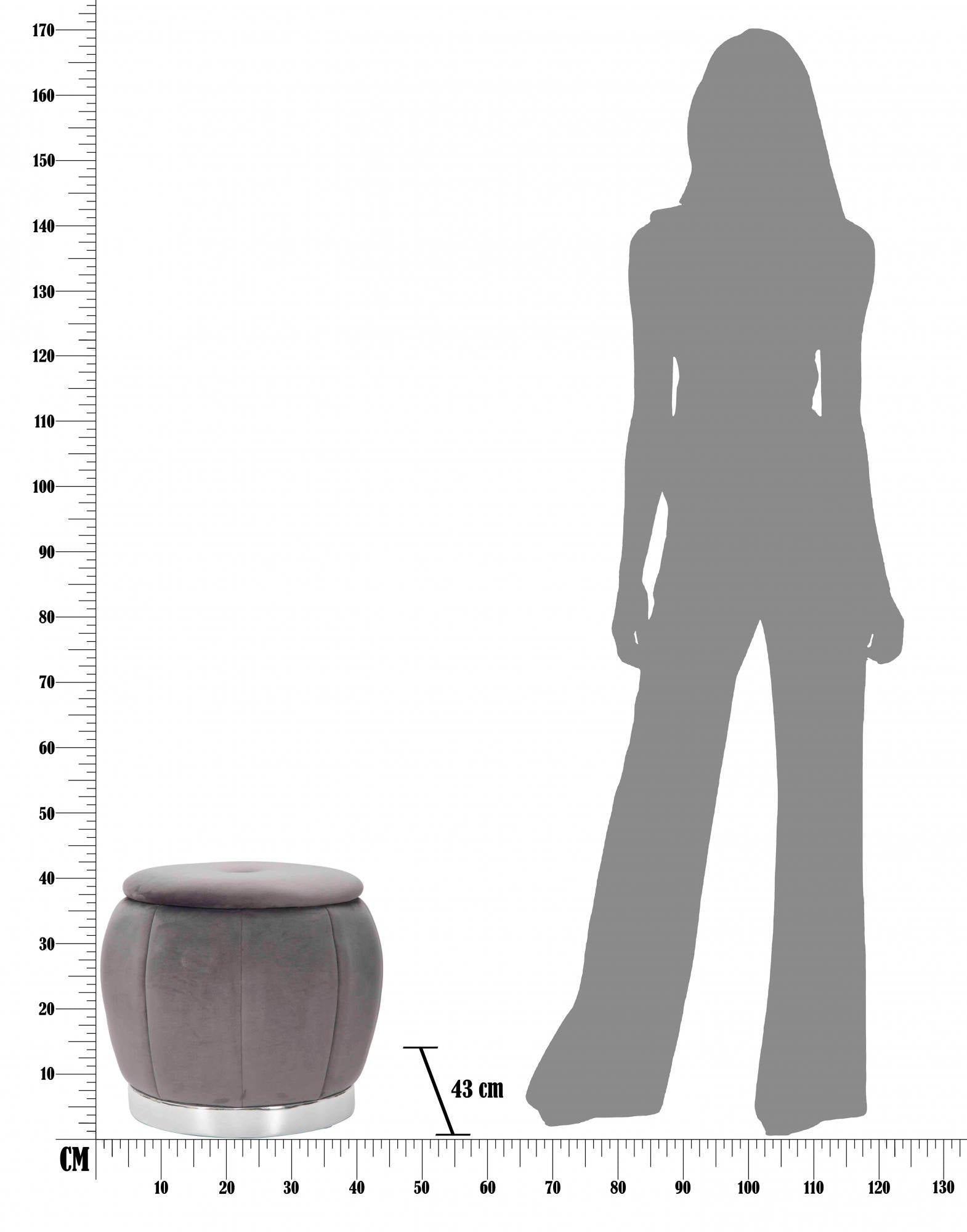 Pouf contenitore in legno di pino, rivestimento in spugna e velluto, colore grigio, Misure 43 x 43 x 43 cm