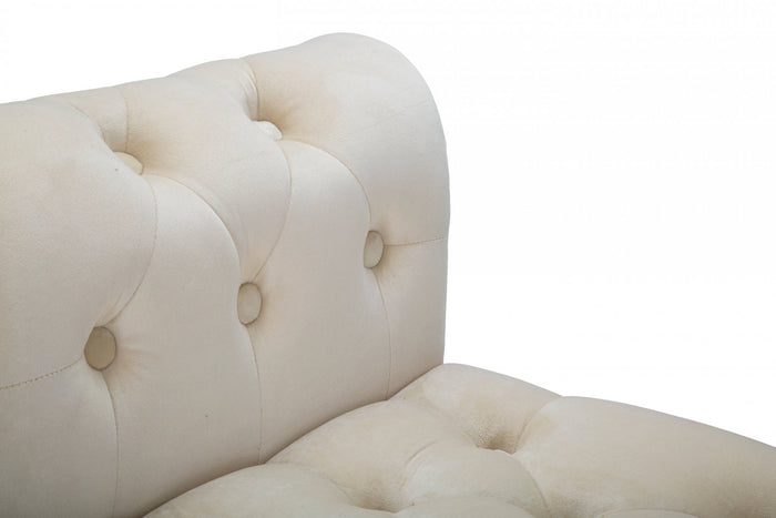 Panca in legno di pino, rivestimento in velluto, colore crema, Misure 40 x 60 x 120 cm