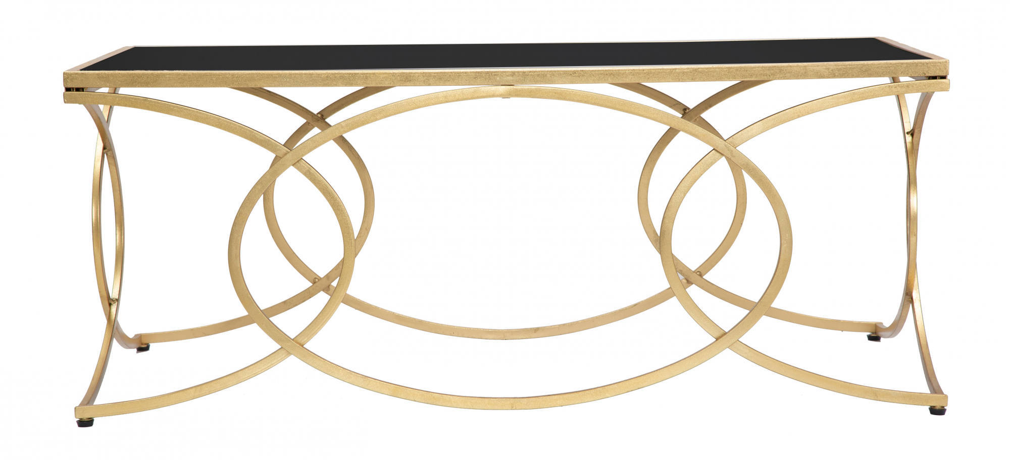 Tavolo elegante da Caffè rettangolare, struttura in metallo dorato, con ripiano in vetro temprato, colore nero, Misure 60 x 45 x 110 cm