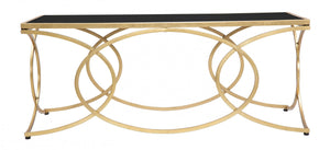 Tavolo elegante da Caffè rettangolare, struttura in metallo dorato, con ripiano in vetro temprato, colore nero, Misure 60 x 45 x 110 cm