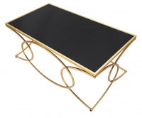 Tavolo elegante da Caffè rettangolare, struttura in metallo dorato, con ripiano in vetro temprato, colore nero, Misure 60 x 45 x 110 cm
