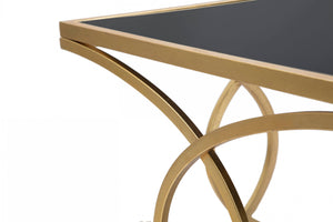 Tavolo elegante da Caffè rettangolare, struttura in metallo dorato, con ripiano in vetro temprato, colore nero, Misure 60 x 45 x 110 cm