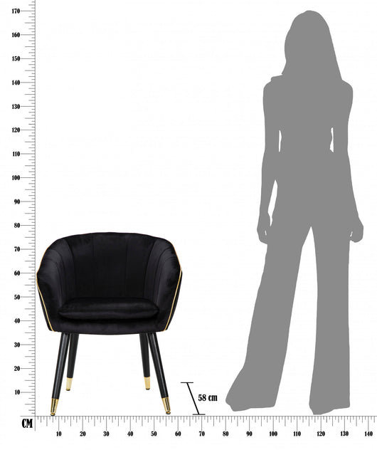 Poltrona in tessuto imbottito, con rifiniture dorate, gambe in legno, con dettagli in oro, colore nero, Misure 58 x 78 x 62 cm