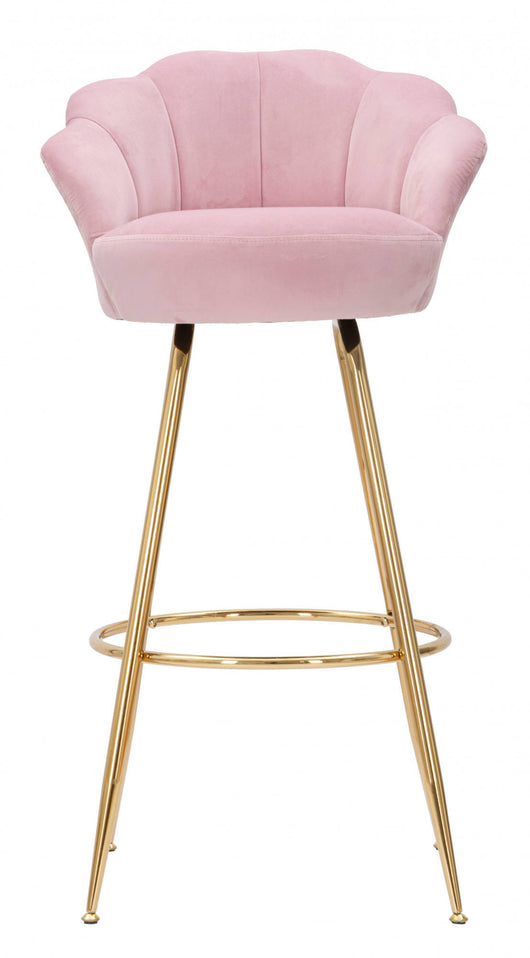 Sgabello bar, rivestimento in velluto, con gambe dorate, colore rosa, Misure 53 x 110 x 55 cm