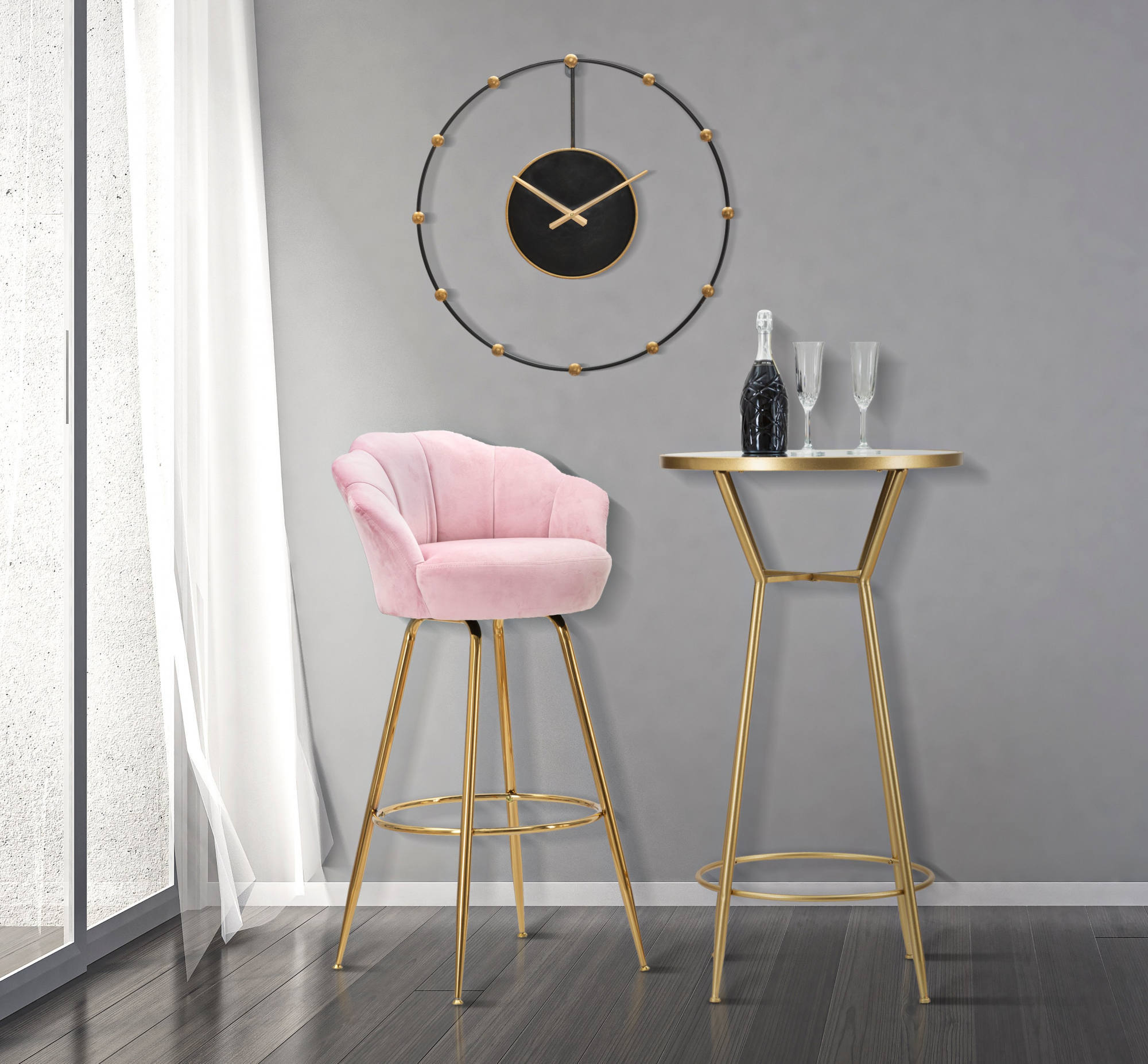 Sgabello bar, rivestimento in velluto, con gambe dorate, colore rosa, Misure 53 x 110 x 55 cm