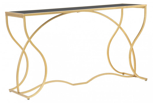 Console elegante, struttura in metallo dorato, con ripiano in vetro temprato, colore oro, Misure 40 x 75 x 130 cm