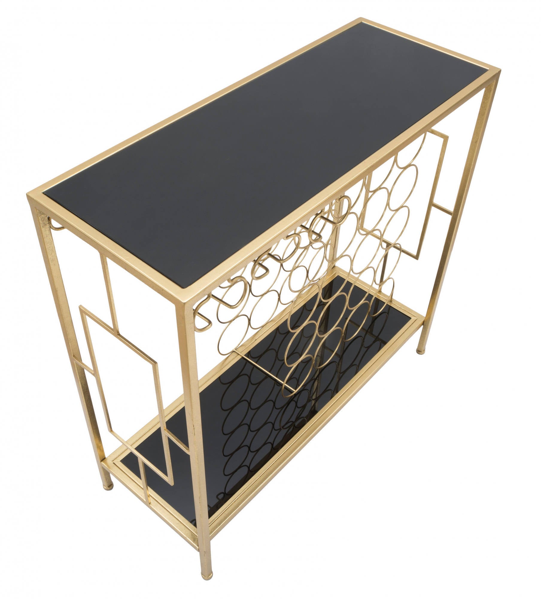 Console in metallo dorato, con piani in vetro temprato, colore nero, dalle linee regolari e geometriche, Misure 30 x 75 x 76 cm