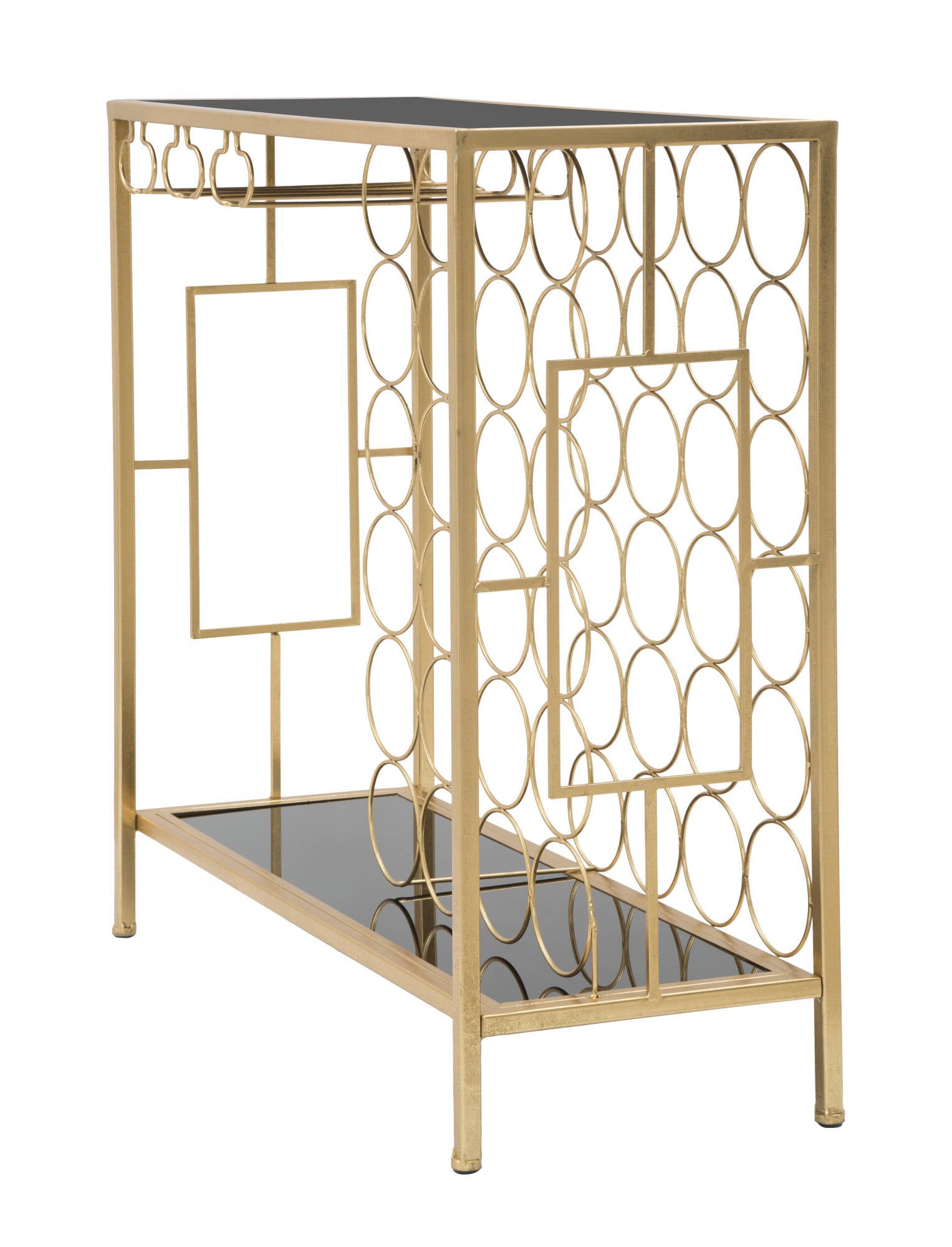 Console in metallo dorato, con piani in vetro temprato, colore nero, dalle linee regolari e geometriche, Misure 30 x 75 x 76 cm