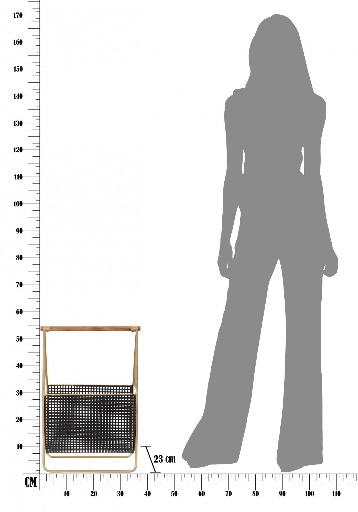 Portariviste, struttura in legno di abete e metallo, colore nero, Misure 23 x 54,5 x 37 cm