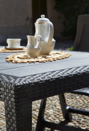 Tavolo da esterno Arca, Tavolo fisso rettangolare, Tavolo da giardino multiuso effetto rattan, 100% Made in Italy, Cm 138x78h72, Antracite