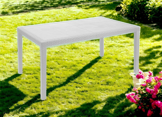Tavolo da esterno Arca, Tavolo fisso rettangolare, Tavolo da giardino multiuso effetto rattan, 100% Made in Italy, Cm 138x78h72, Bianco