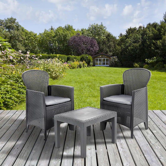 Set salotto da esterno Aneta, Set da giardino con cuscini composto da 2 poltrone e 1 tavolino, Salottino indoor, 100% Made in Italy, Cm 60x58h86, Antracite