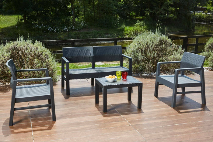 Set salotto da esterno Agnelo, Set da giardino con 2 poltrone, 1 divano e 1 tavolino, Salottino indoor, 100% Made in Italy, Cm 121x58h74, Antracite