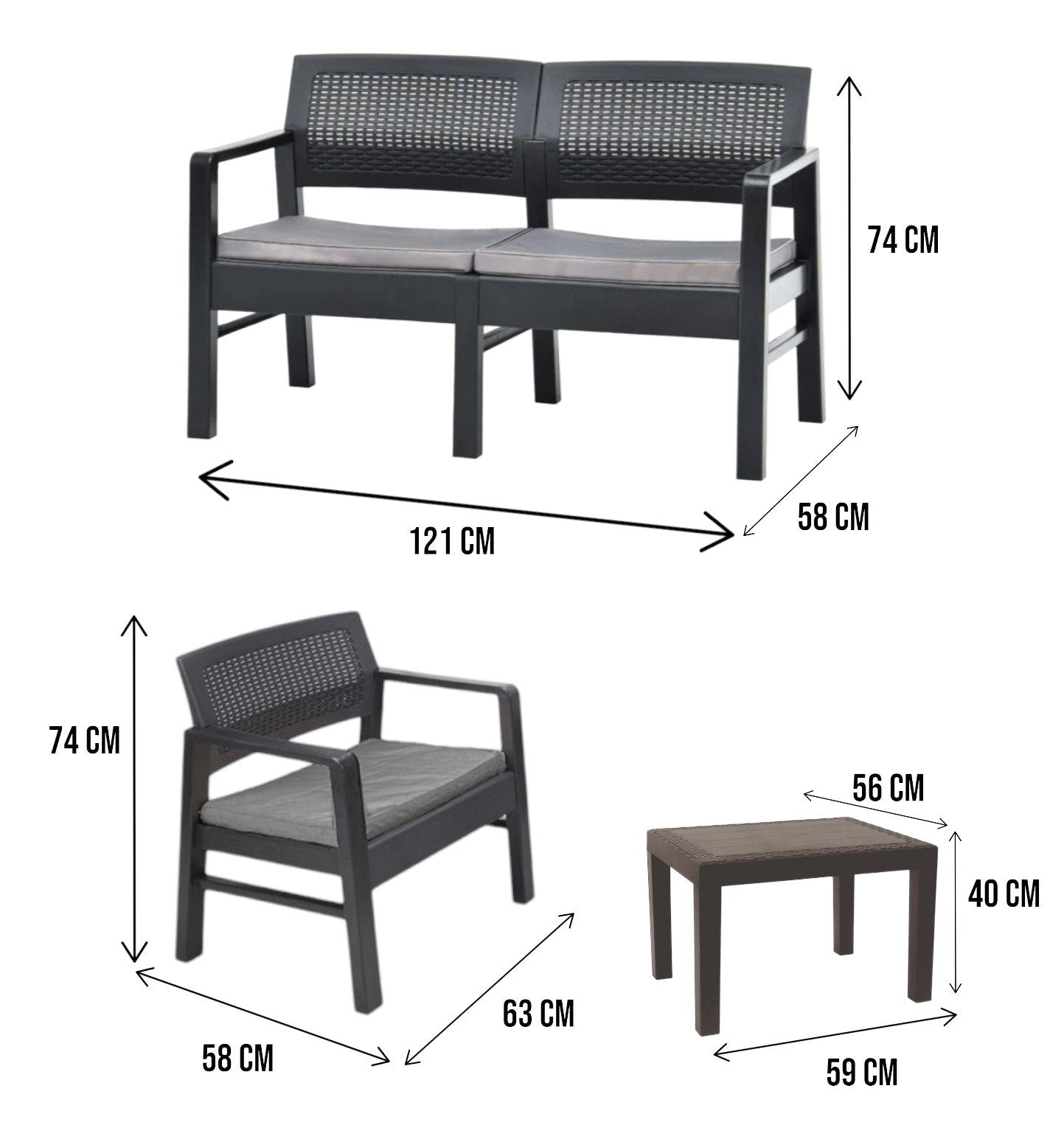 Set salotto da esterno Agnelo, Set da giardino con 2 poltrone, 1 divano e 1 tavolino, Salottino indoor, 100% Made in Italy, Cm 121x58h74, Antracite