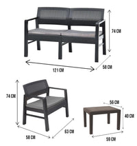 Set salotto da esterno Agnelo, Set da giardino con 2 poltrone, 1 divano e 1 tavolino, Salottino indoor, 100% Made in Italy, Cm 121x58h74, Antracite