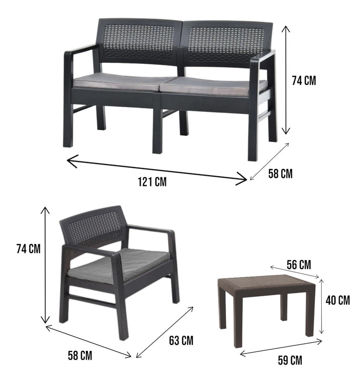 Set salotto da esterno Agnelo, Set da giardino con 2 poltrone, 1 divano e 1 tavolino, Salottino indoor, 100% Made in Italy, Cm 121x58h74, Antracite