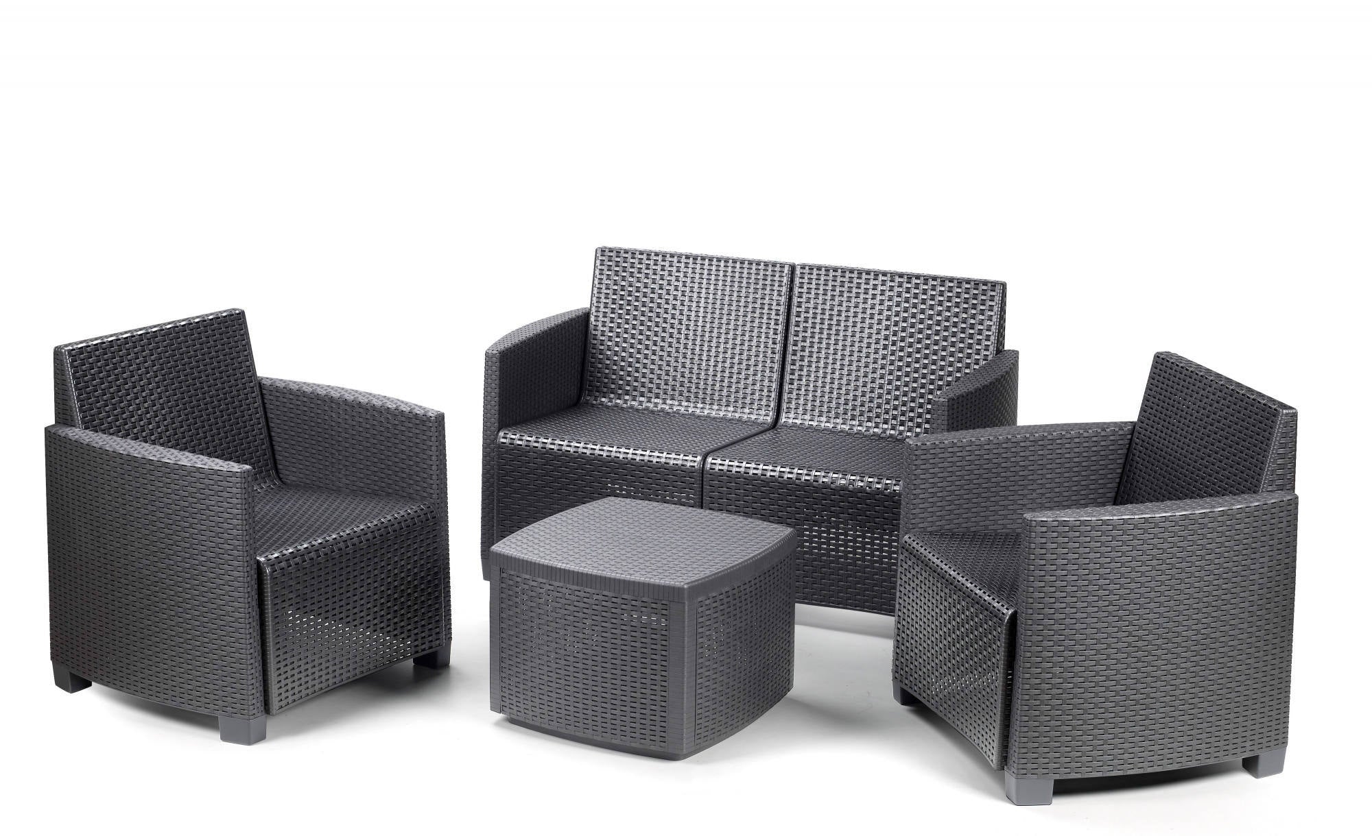 Set salotto da esterno 0, Set da giardino con cuscini composto da 2 poltrone, 1 divano e 1 tavolino, Salottino indoor, 100% Made in Italy, Cm 128x67h77, Antracite